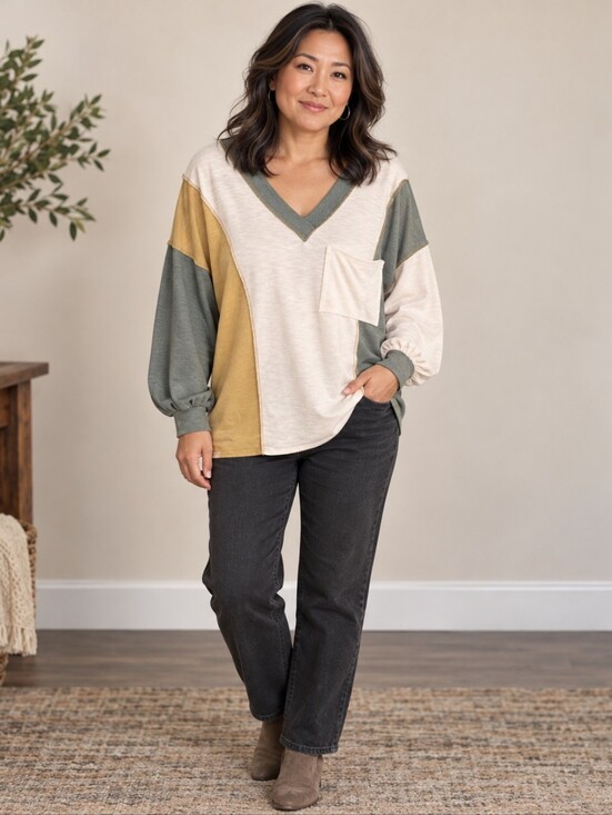 BiBi Tops - BiBi Colorblock V-Neck Pocket Balloon Sleeve Top A366